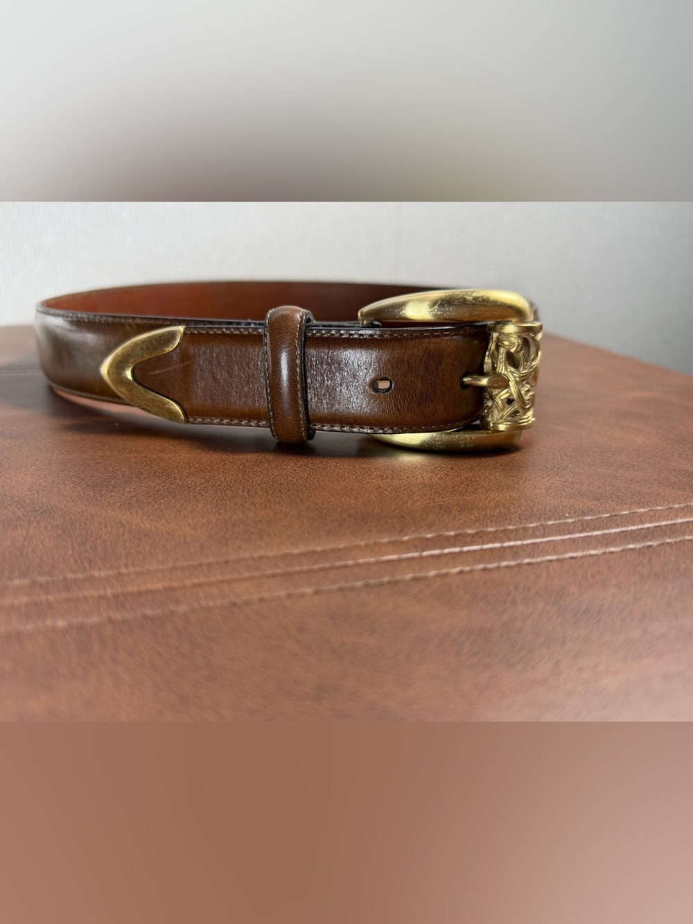 Brighton Brown Leather Belt Women’s Small Gold Tone Engraved Buckle Western Boho